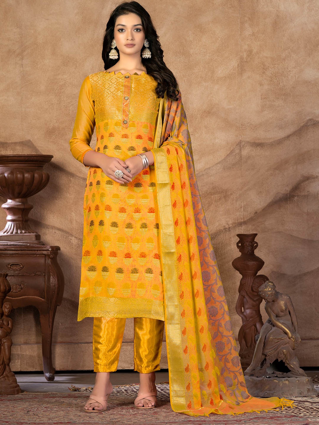 

SHADOW & SAINING Ethnic Motifs Woven Design Unstitched Dress Material, Yellow
