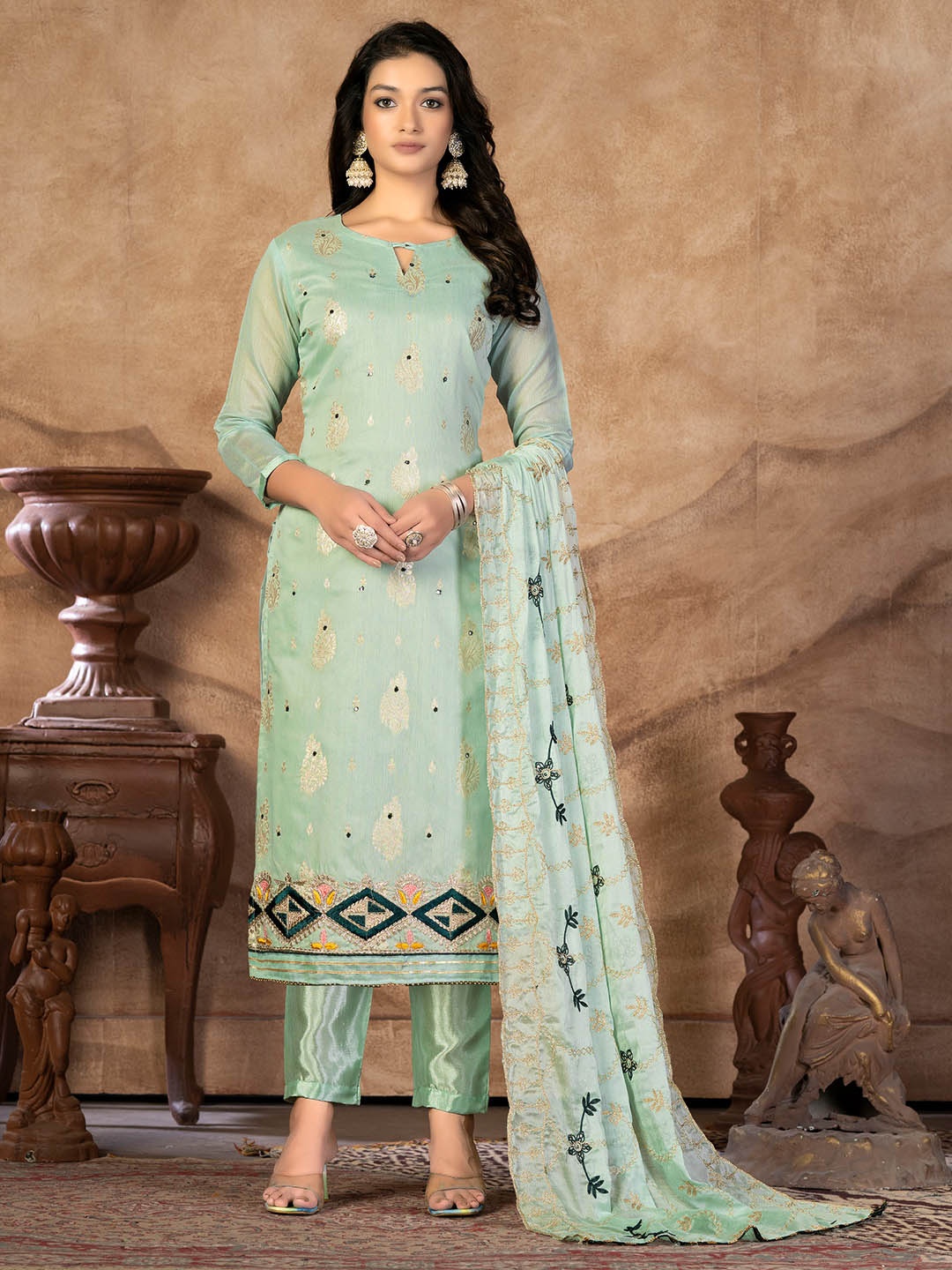 

SHADOW & SAINING Ethnic Motifs Embroidered Unstitched Dress Material, Sea green