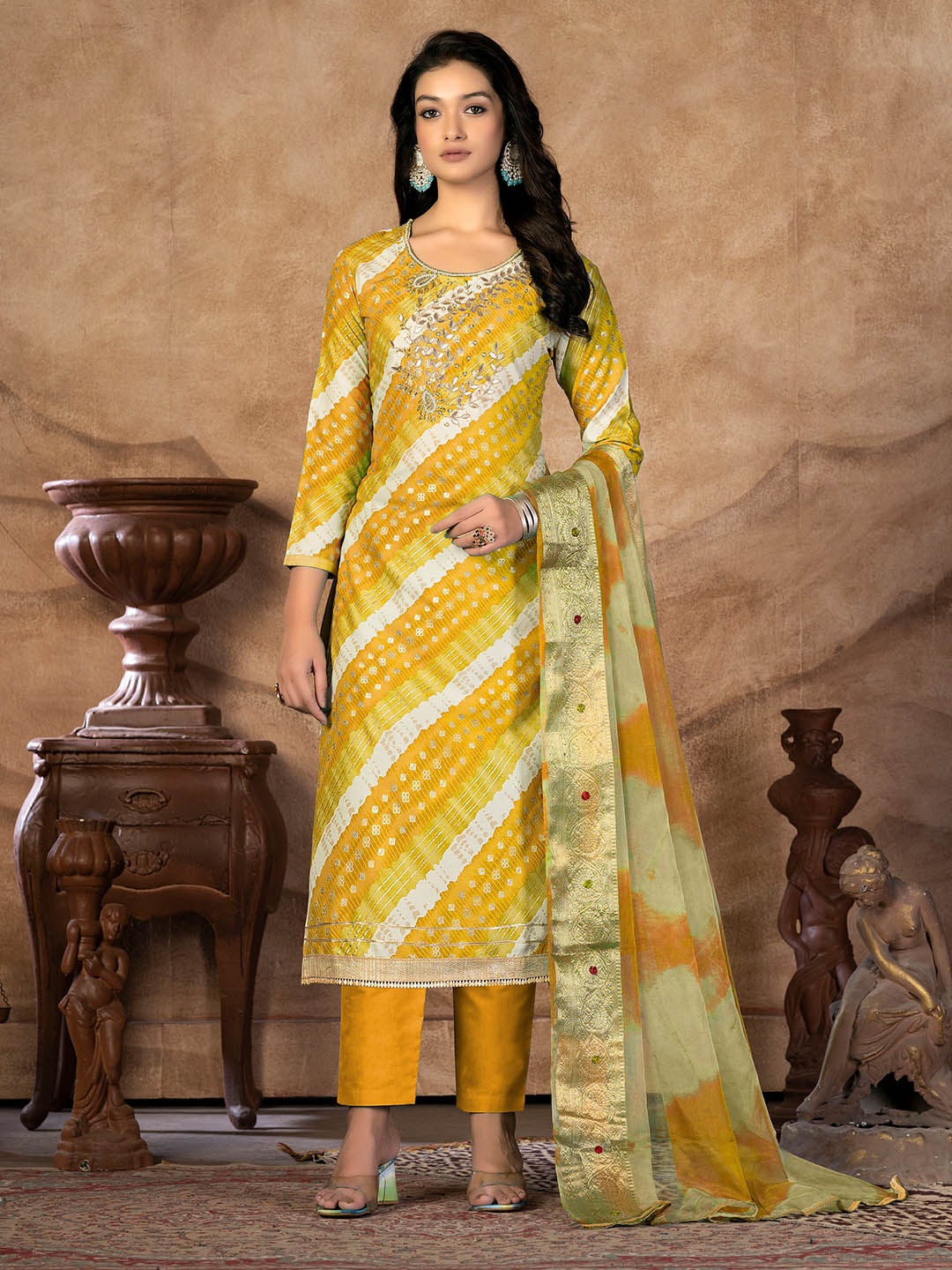 

SHADOW & SAINING Striped Pure Cotton Unstitched Dress Material, Yellow