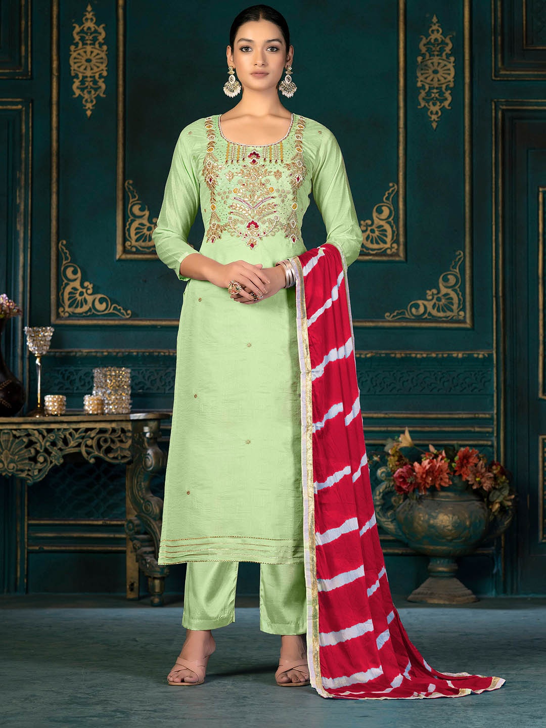 

SHADOW & SAINING Floral Embroidered Unstitched Dress Material, Sea green