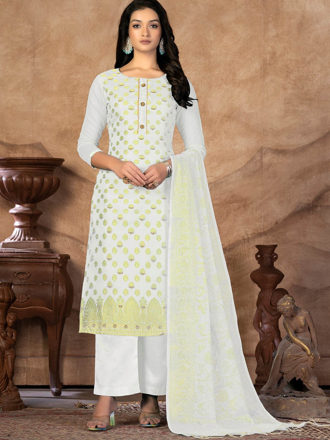 

SHADOW & SAINING Ethnic Motifs Woven Design Zari Unstitched Dress Material, White