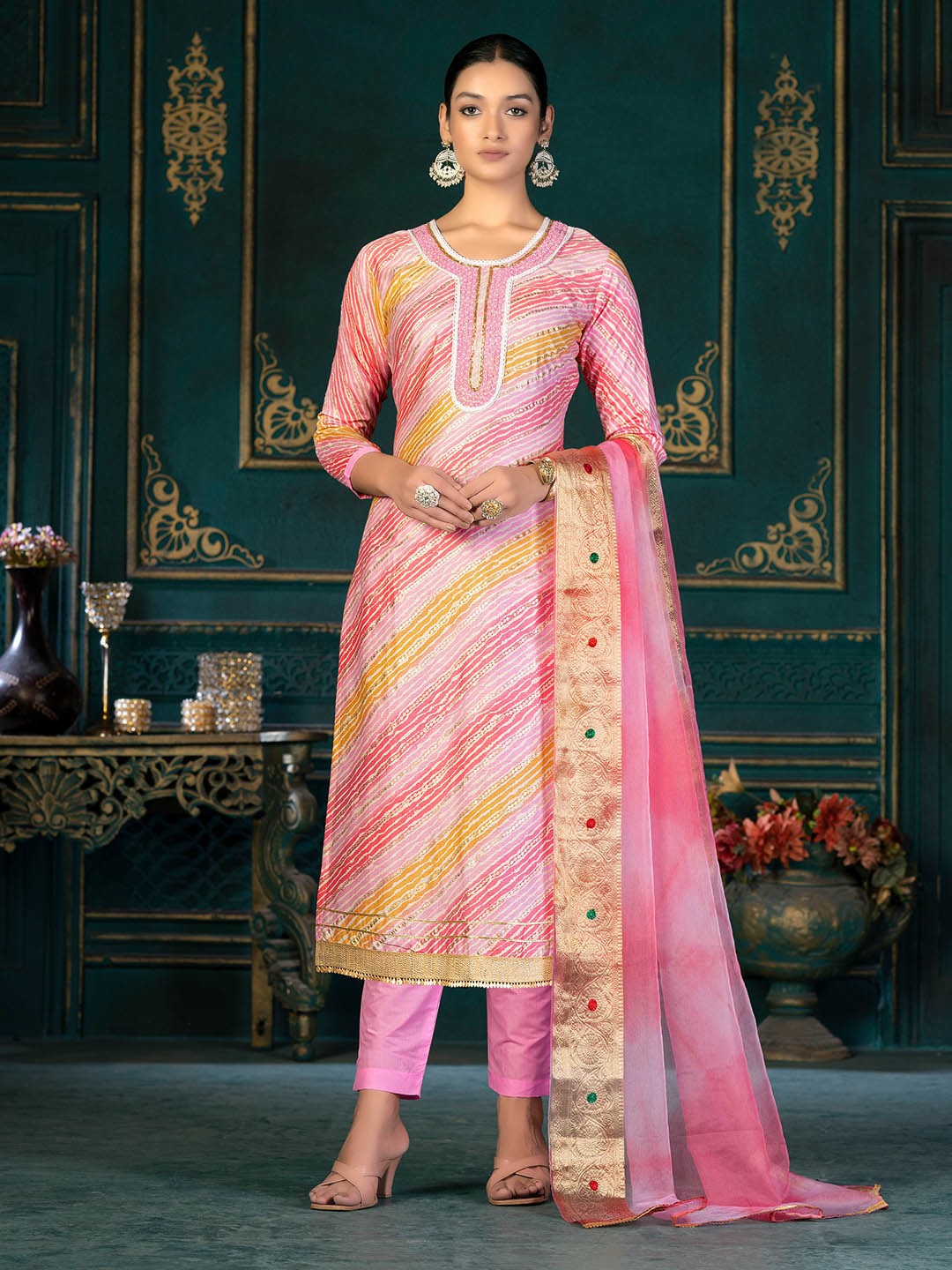 

SHADOW & SAINING Striped Unstitched Dress Material, Pink