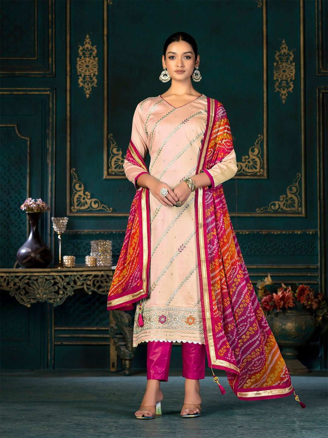 

SHADOW & SAINING Embroidered Pure Cotton Unstitched Dress Material, Beige