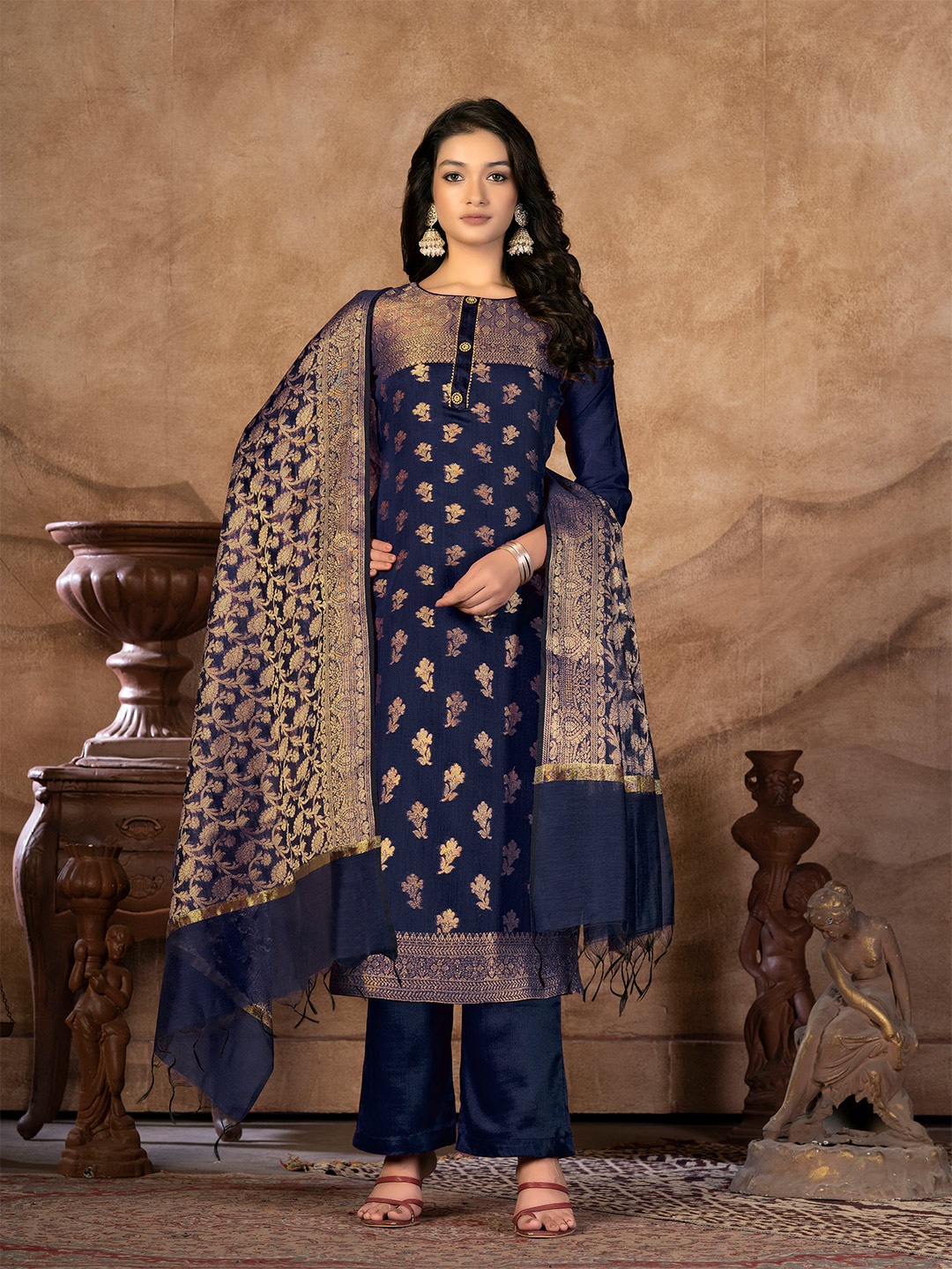 

SHADOW & SAINING Ethnic Motifs Woven Design Zari Unstitched Dress Material, Blue