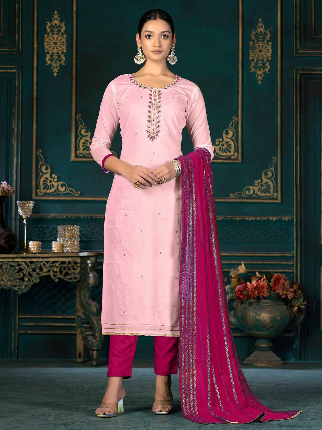 

SHADOW & SAINING Embroidered Unstitched Dress Material, Pink