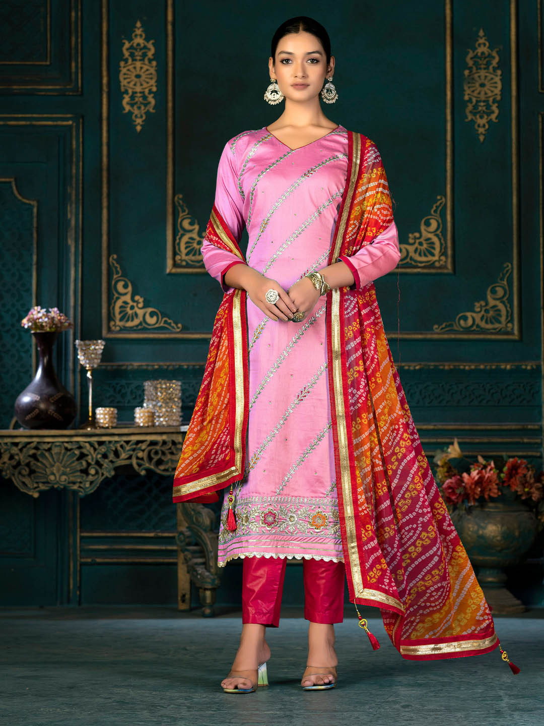

SHADOW & SAINING Ethnic Motifs Embroidered Pure Cotton Unstitched Dress Material, Pink