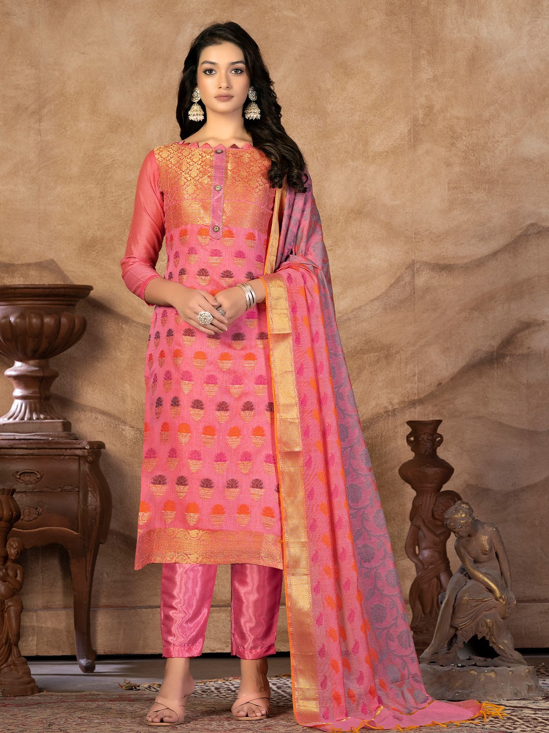 

SHADOW & SAINING Floral Woven Design Unstitched Dress Material, Pink