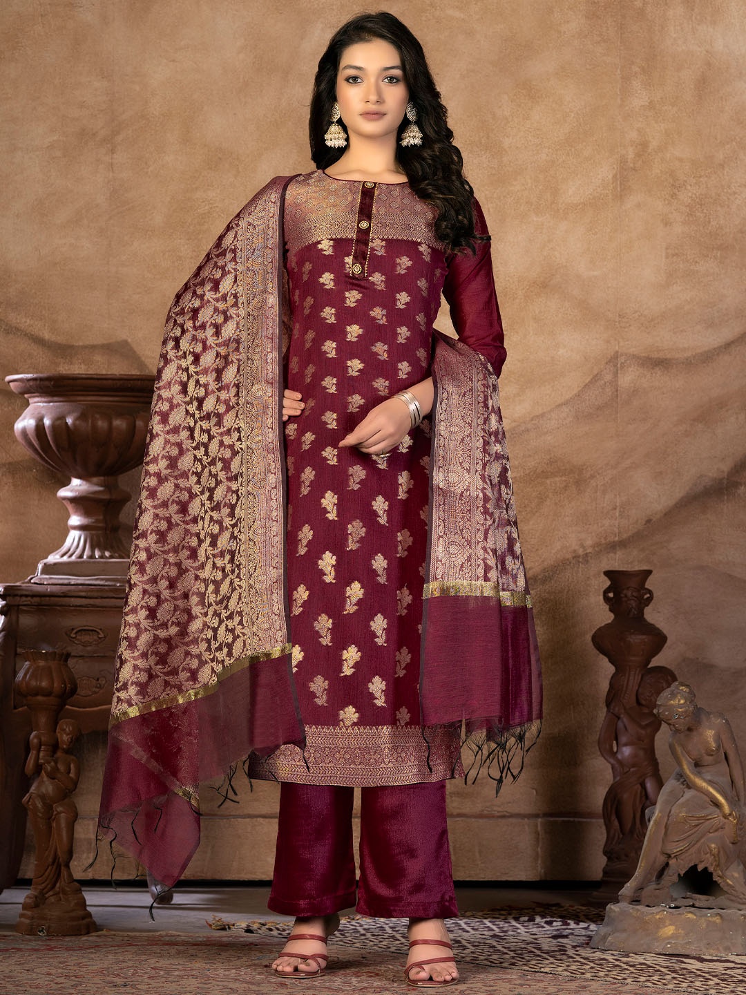 

SHADOW & SAINING Ethnic Motifs Woven Design Zari Unstitched Dress Material, Maroon