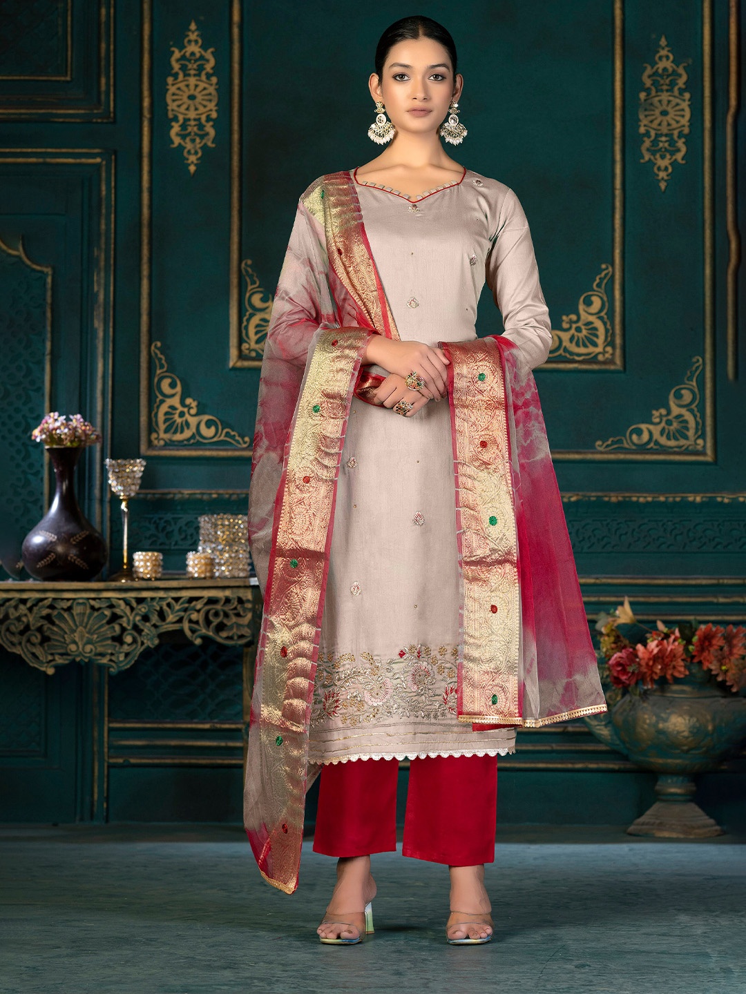 

SHADOW & SAINING Floral Embroidered Pure Cotton Unstitched Dress Material, Beige