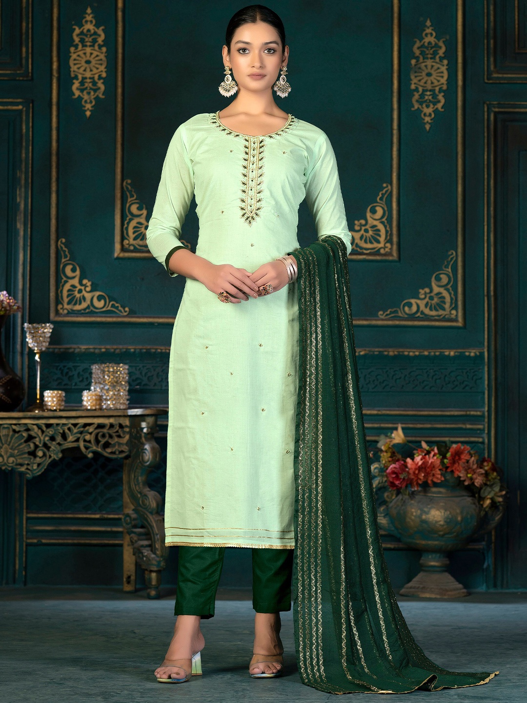 

SHADOW & SAINING Embroidered Unstitched Dress Material, Green