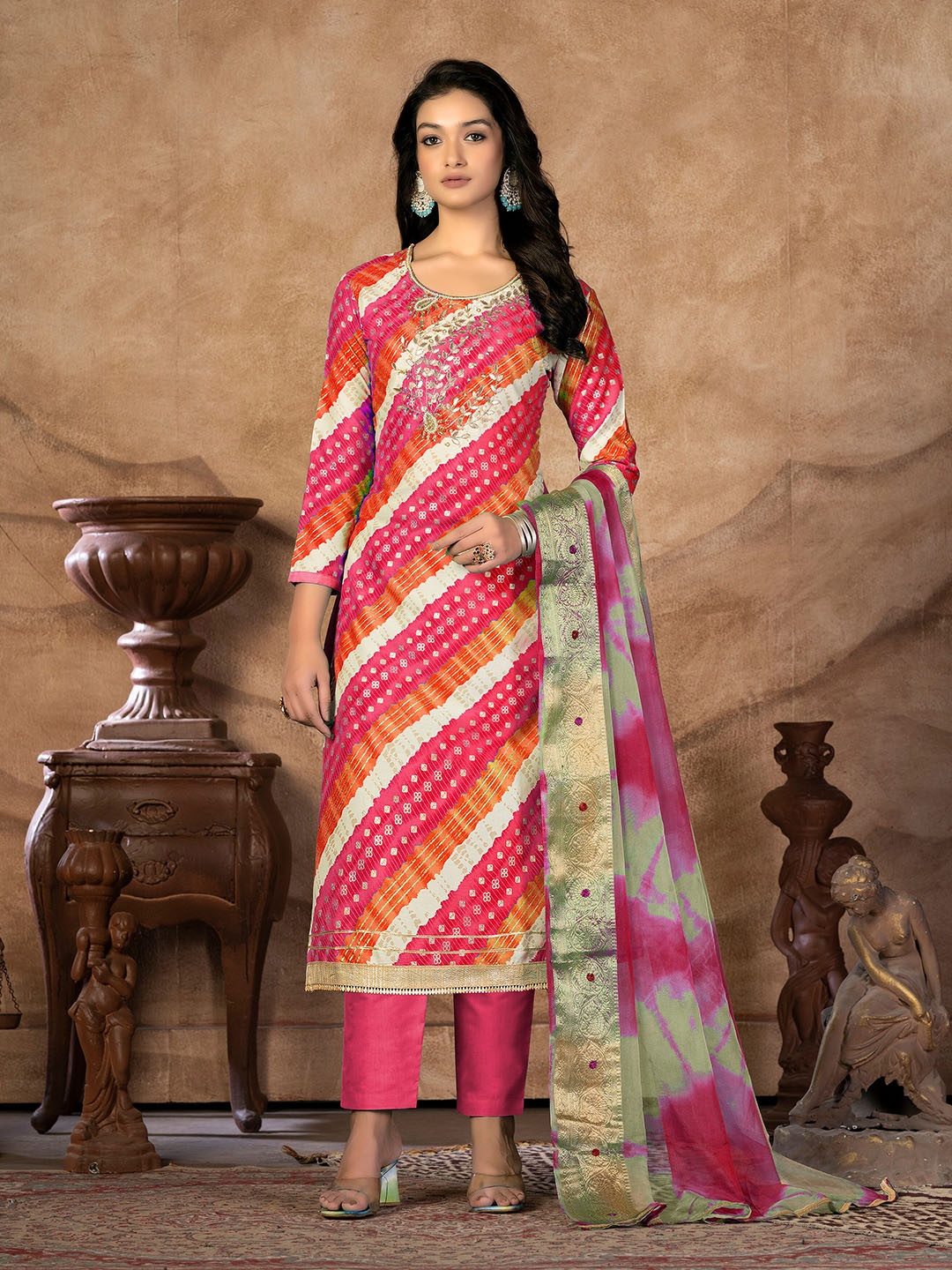 

SHADOW & SAINING Leheriya Printed Beaded Unstitched Dress Material, Pink