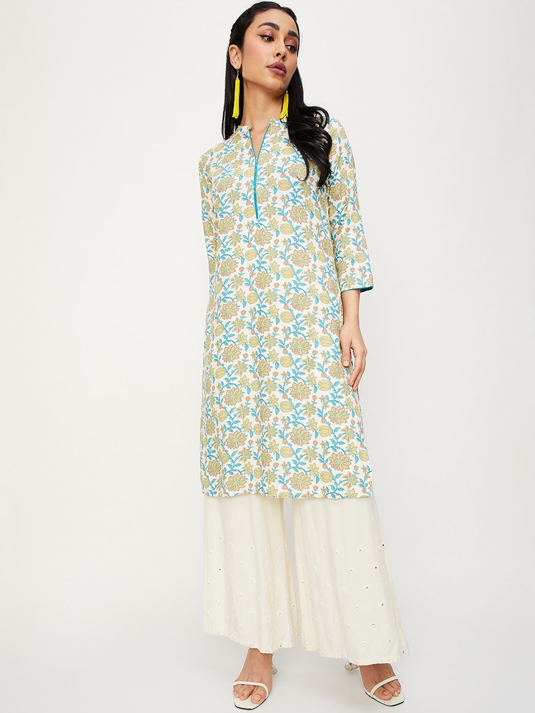 

Max Floral Printed Mandarin Collar Kurta, White