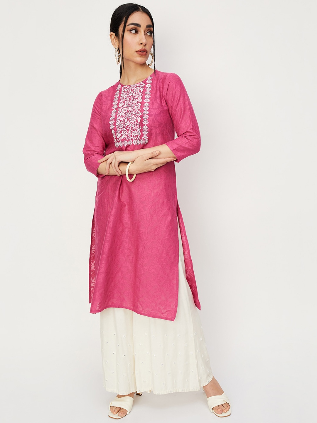 

Max Floral printed Embroidered Cotton Kurta, Pink