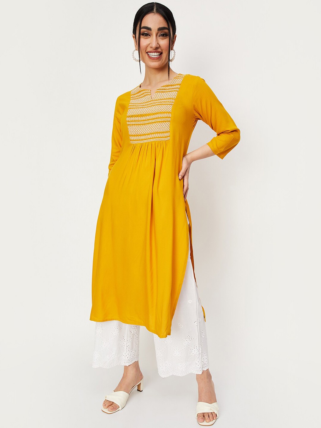 

Max Smocked Geometric Embroidered Kurta, Yellow