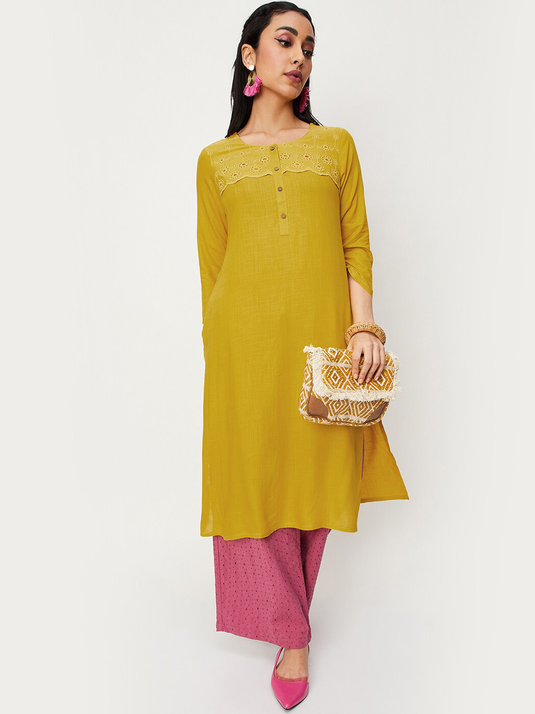 

max Floral Schiffli Embroidered Kurta, Yellow