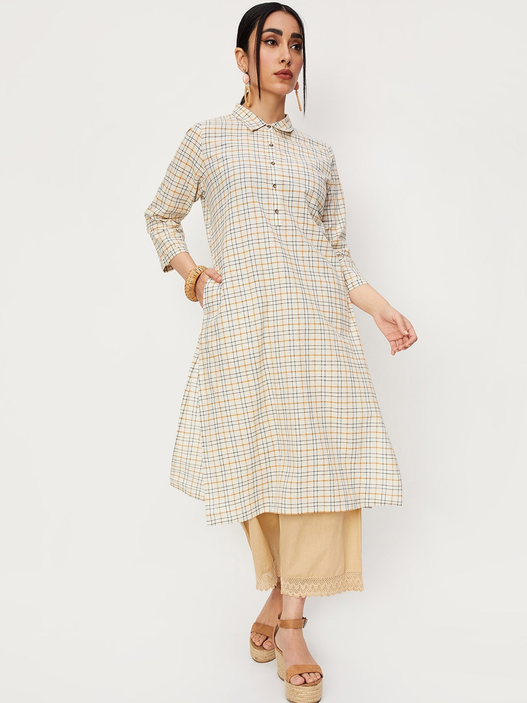 

Max Beige Checked Pattern Collar Kurta
