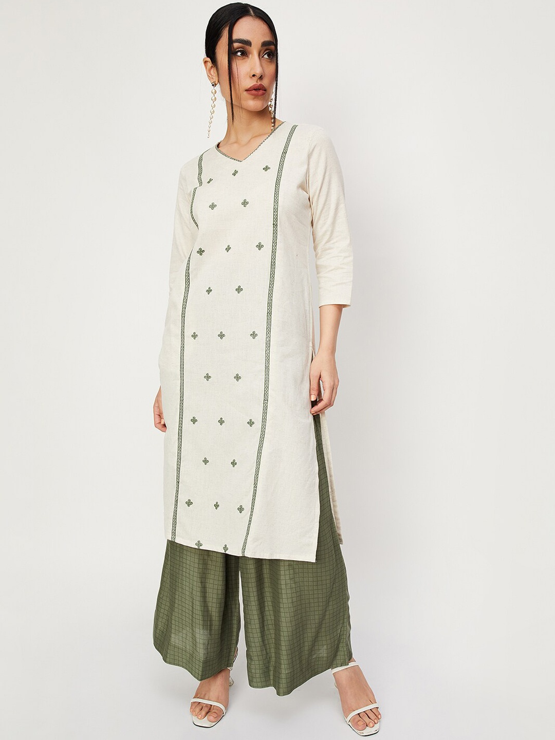 

max Ethnic Motifs Embroidered V-Neck Cotton Kurta, Off white