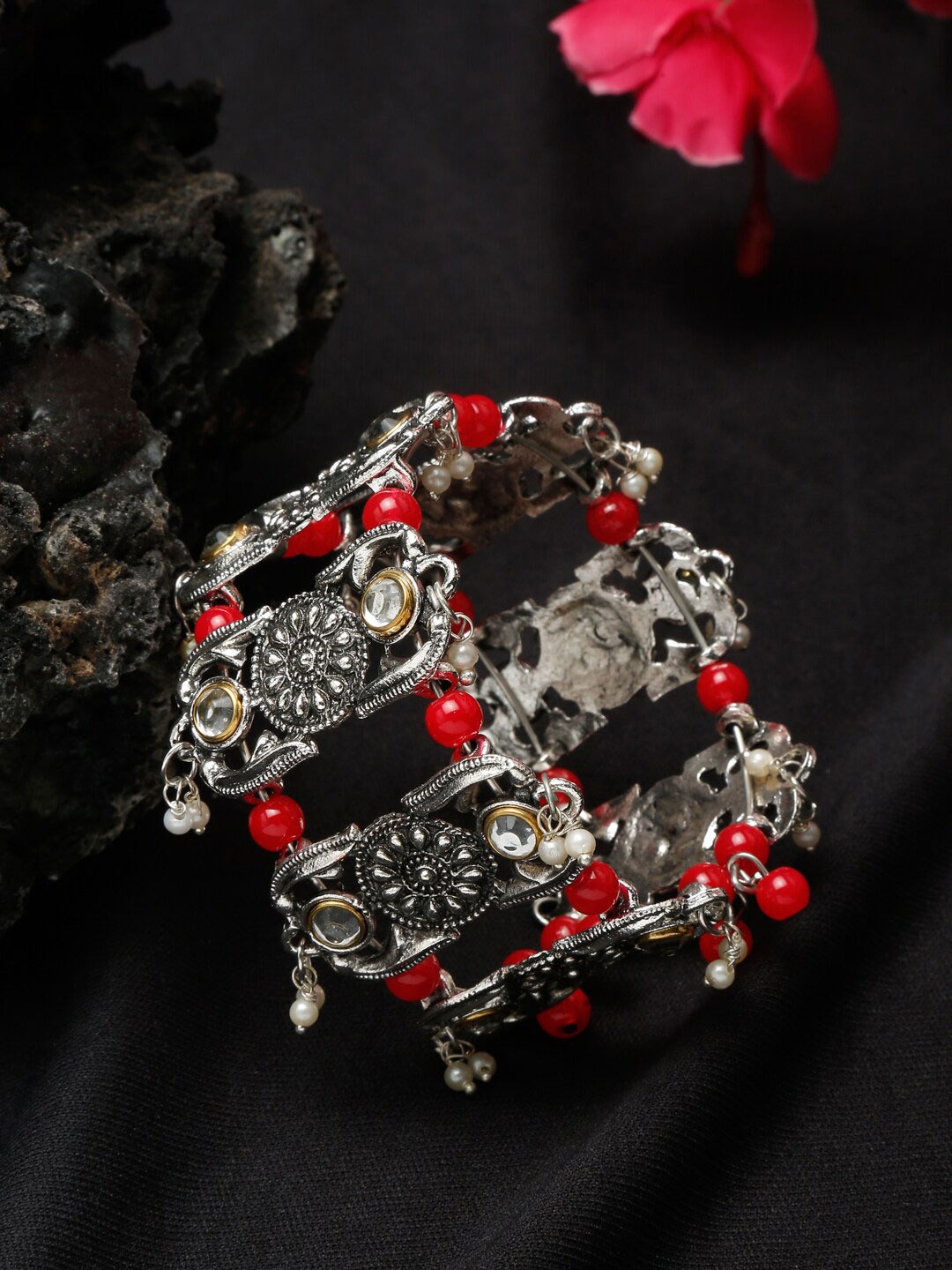 

Sangria Silver-Plated Stone-Beaded Oxidised Cuff Bracelet