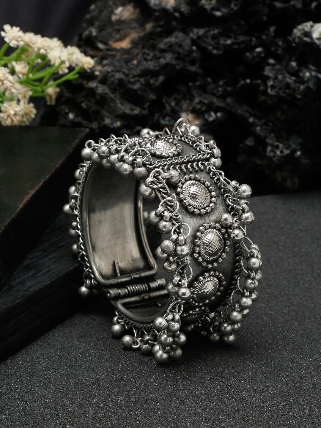 

Sangria Silver-Plated Stone Studded Oxidized Cuff Bracelet