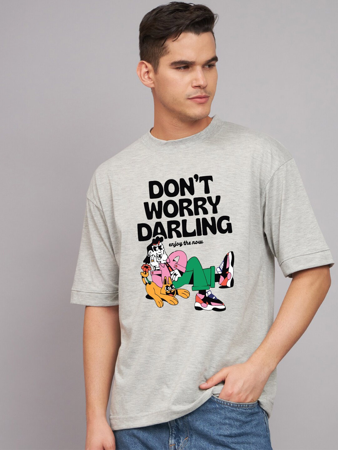 

Imsa Moda Typography Printed Cotton Oversized T-shirt, Grey