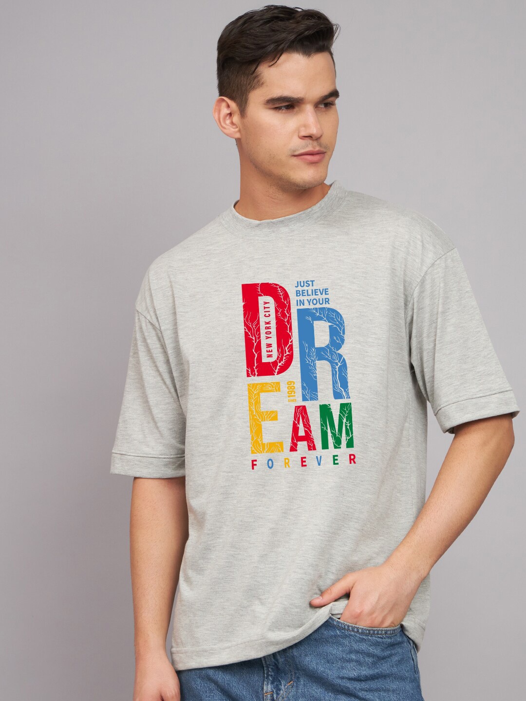 

Imsa Moda Typography Printed Cotton Oversized T-shirt, Grey