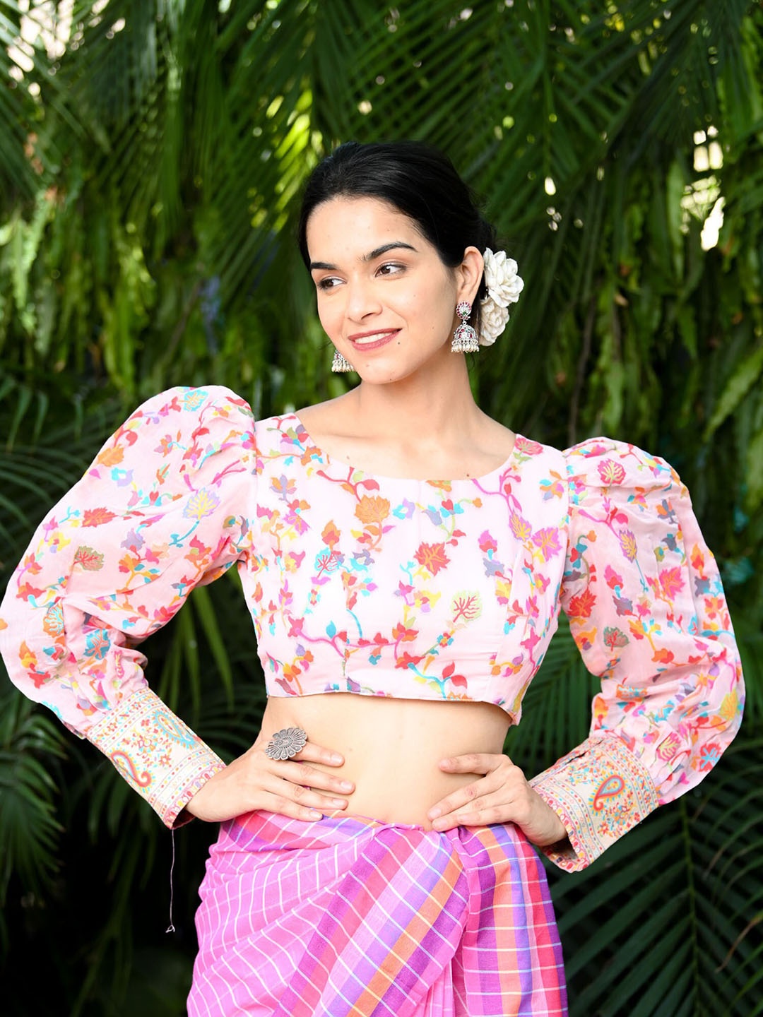 

BEATITUDE Ethnic Motifs Printed Long Cuff Sleeves Saree Blouse, Pink