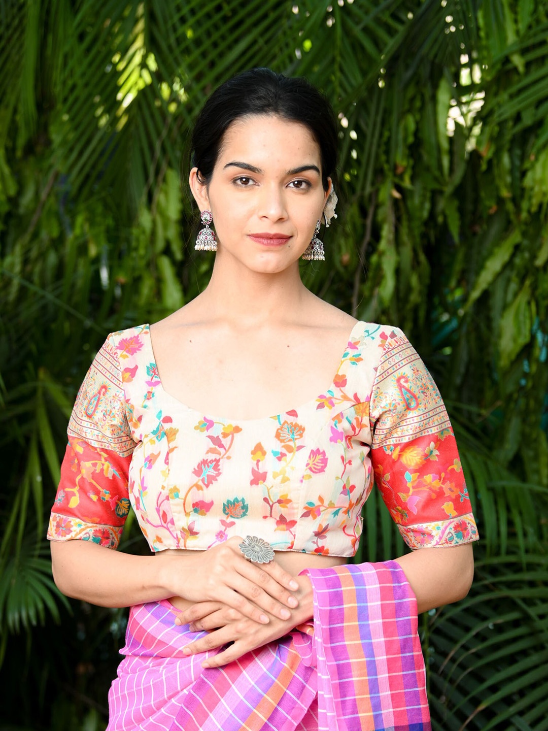

BEATITUDE Printed Round Neck Modal Silk Saree Blouse, Peach