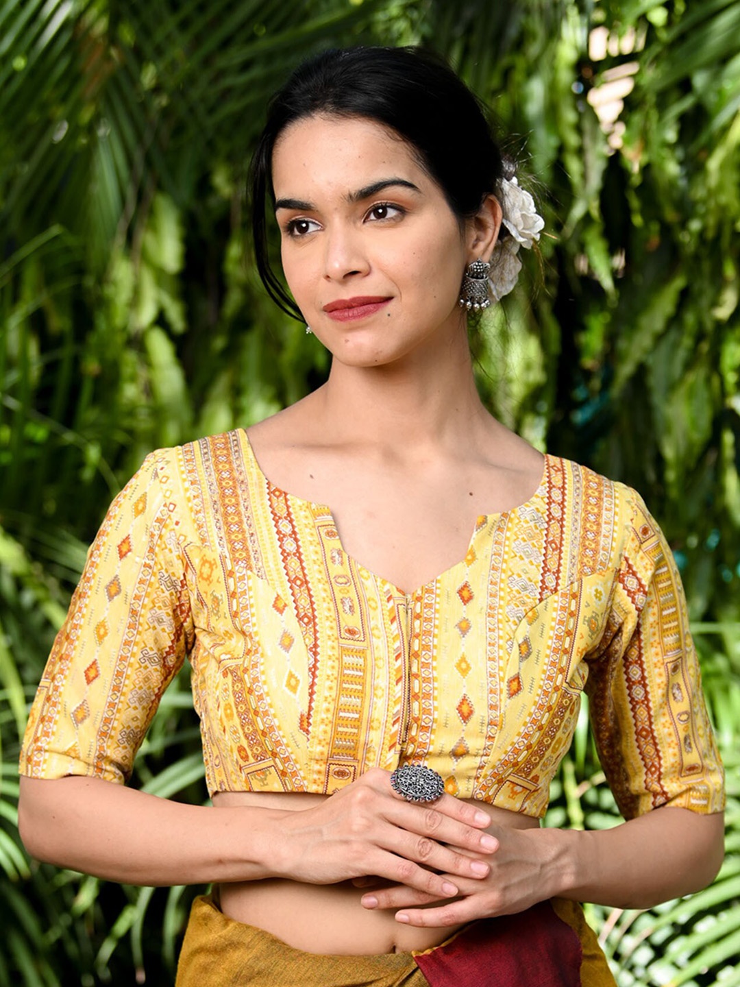 

BEATITUDE Ethnic Motifs Printed Cotton Saree Blouse, Yellow