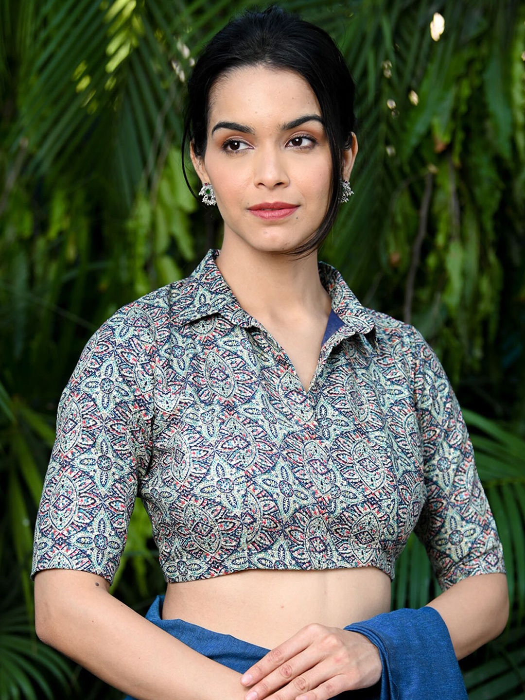 

BEATITUDE Kalamkari Printed Shirt Collar Cotton Saree Blouse, Blue