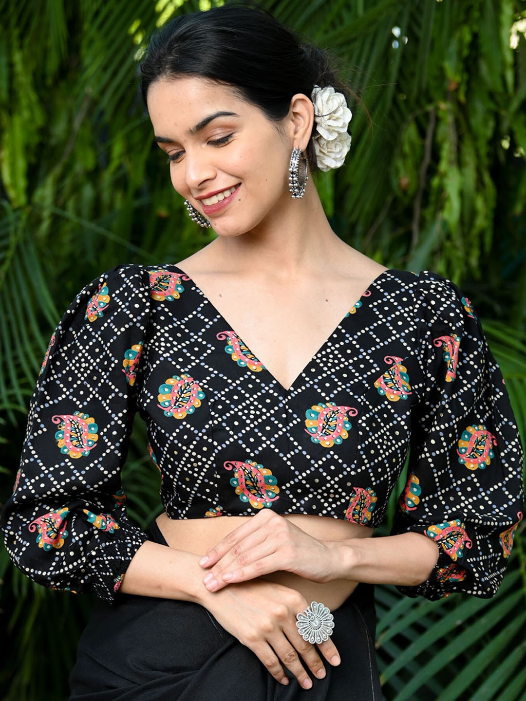 

BEATITUDE Printed Cotton Saree Blouse, Black