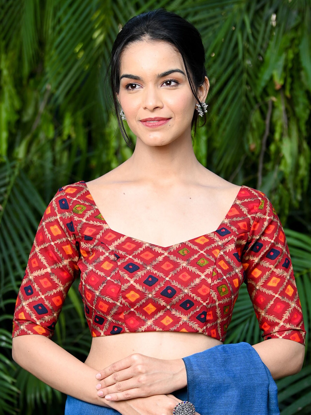 

BEATITUDE Ethnic Motifs Printed Saree Blouse, Red