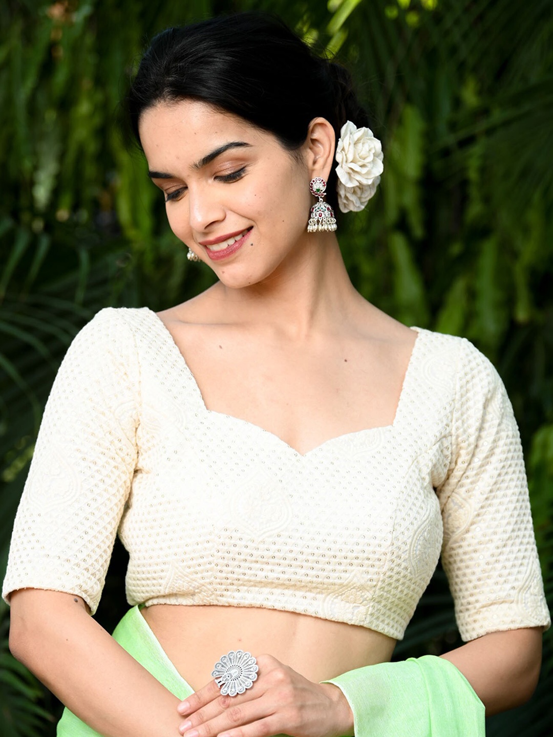 

BEATITUDE Sequin Embroidered Saree Blouse, Off white