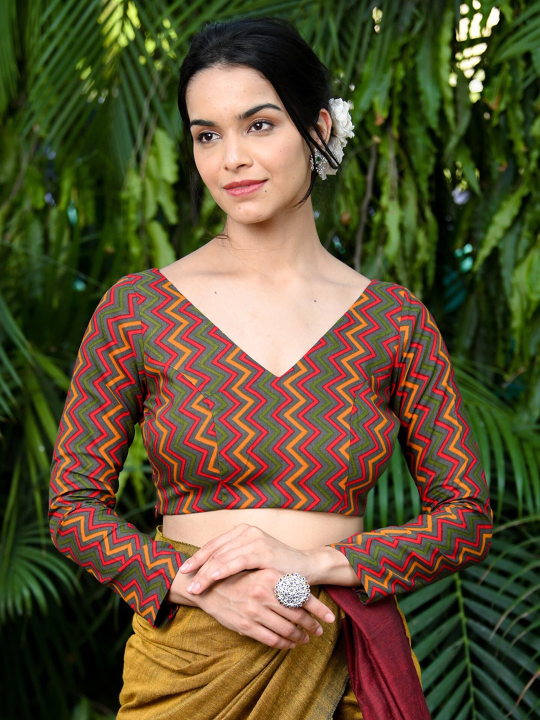 

BEATITUDE Chevron Printed Cotton Saree Blouse, Red