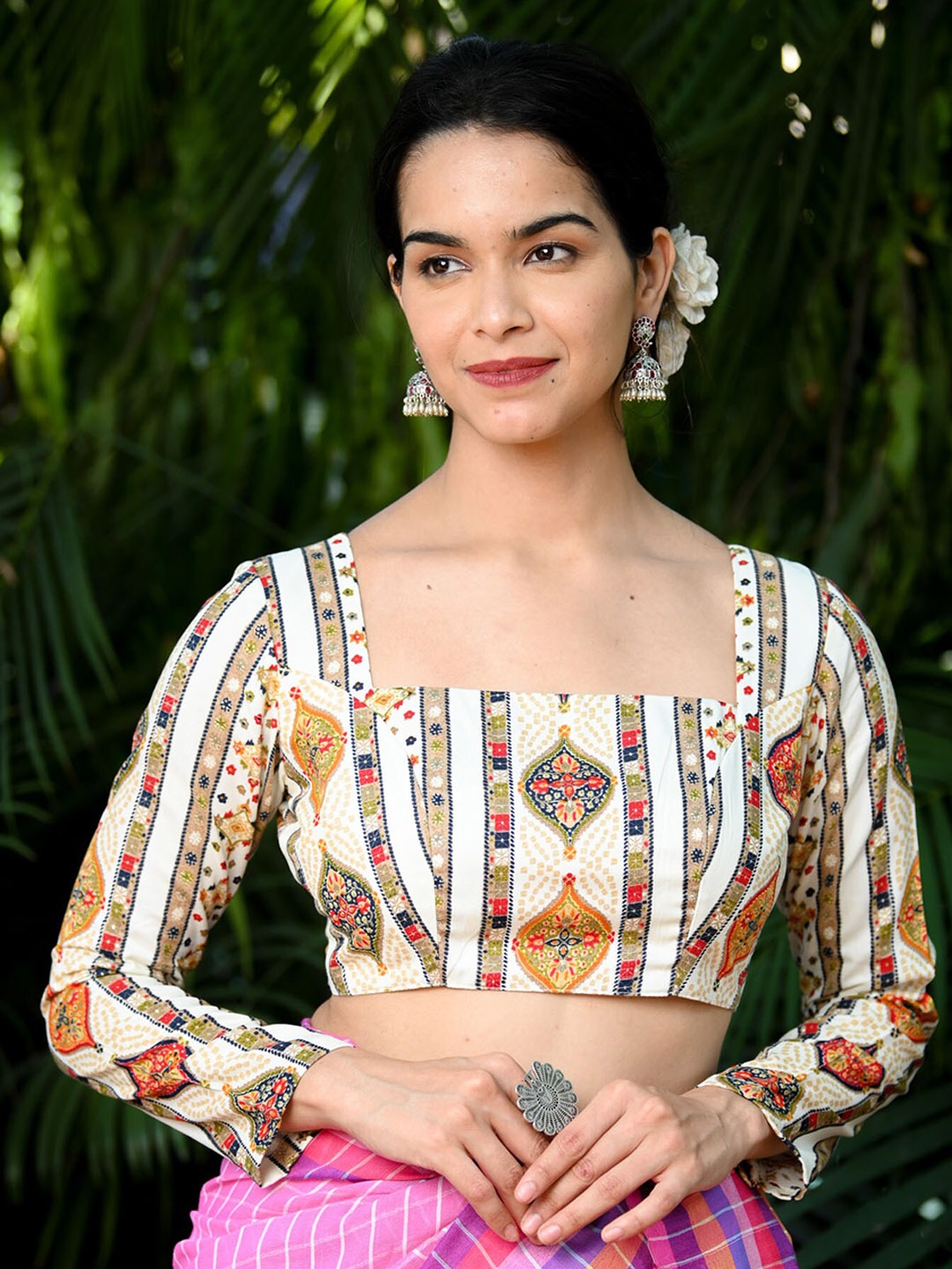 

BEATITUDE Ethnic-Motifs Printed Cotton Saree Blouse, White