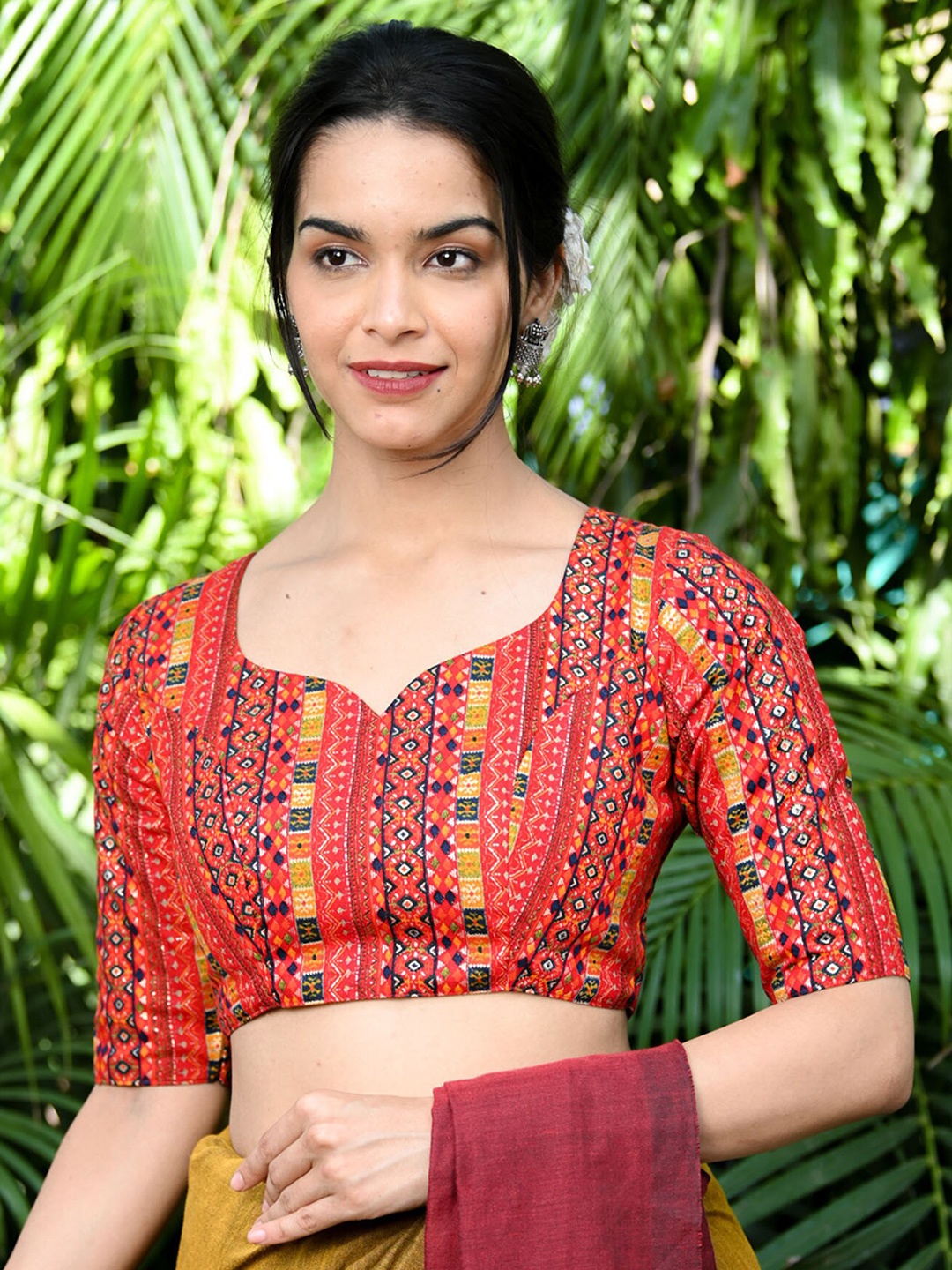 

BEATITUDE Ethnic Motifs Printed Cotton Saree Blouse, Red