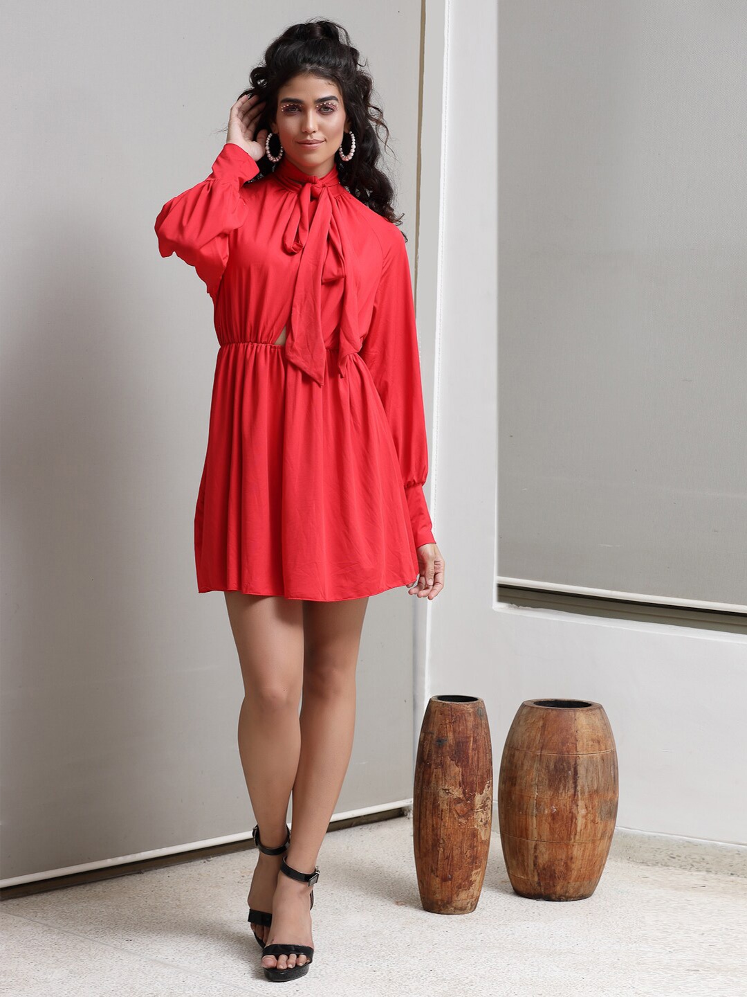 

PRIZO Tie Up Neck Puff Sleeve Cut Out & Gathered Fit & Flare Dress, Red