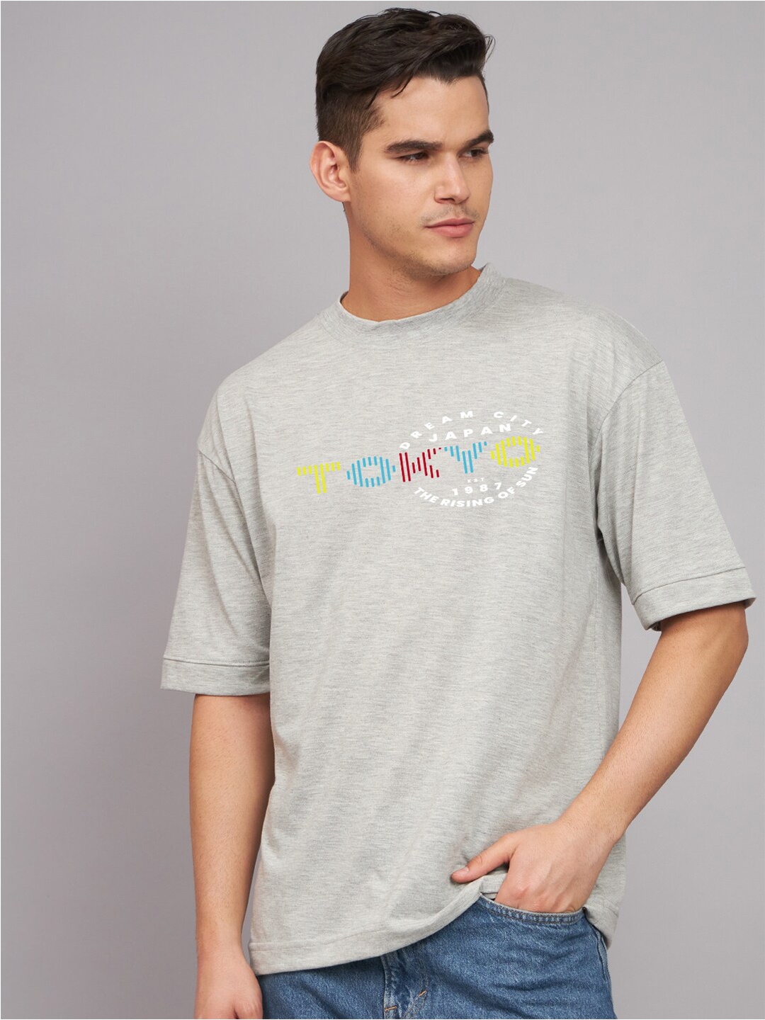 

Imsa Moda Typography Printed Cotton Oversized T-shirt, Grey