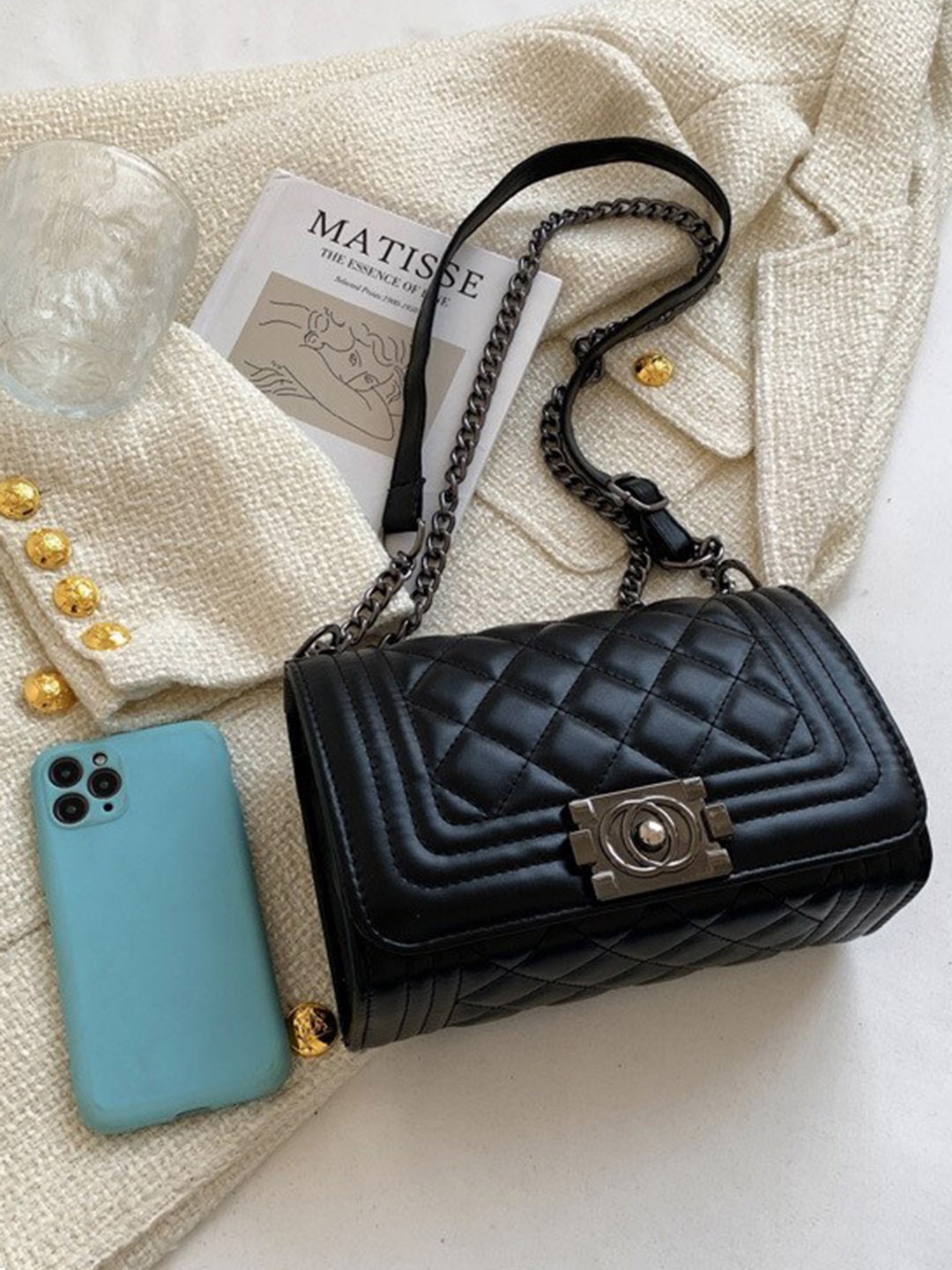 

Diana Korr Textured Structured Sling Bag with Quilted, Black