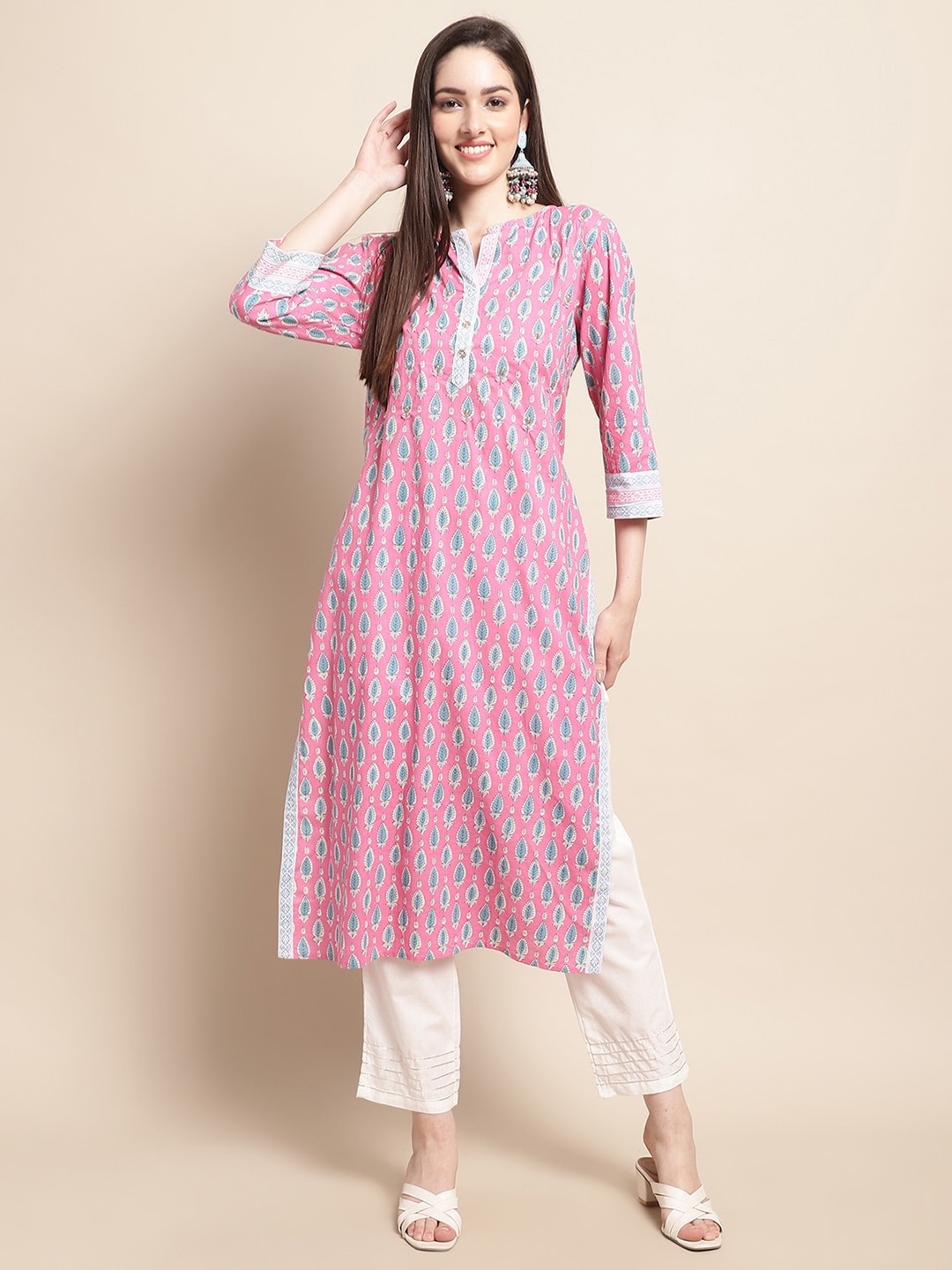 

Sangria Ethnic Motif Printed Cotton Straight Kurta, Pink