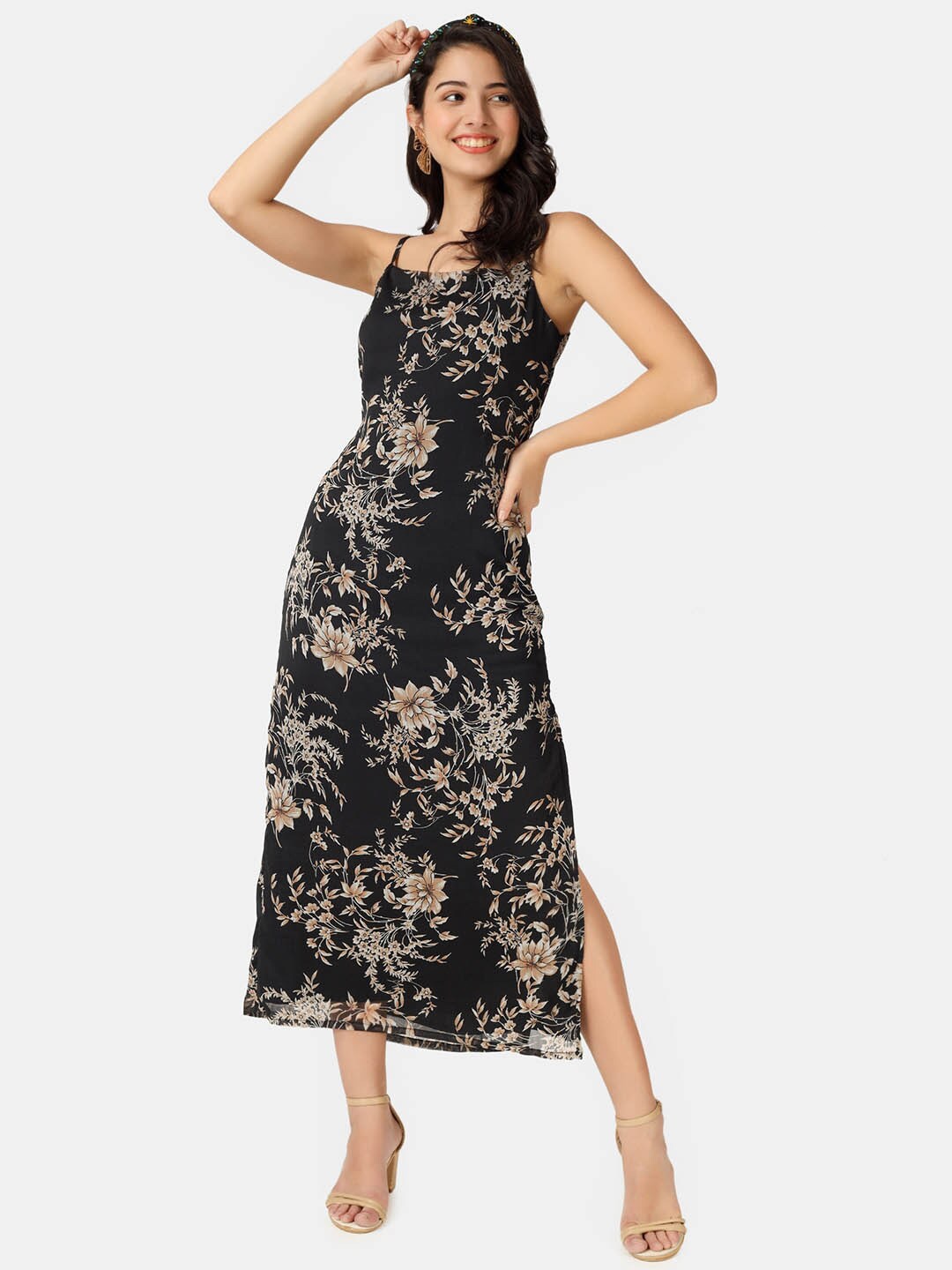 

angloindu Floral Printed Shoulder Straps A-Line Midi Dress, Black