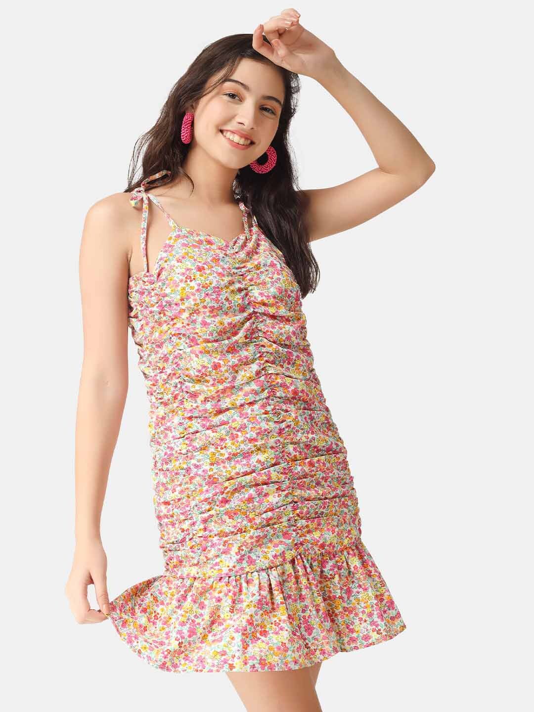 

angloindu Floral Printed Shoulder Straps Gathered Ruched A-Line Dress, Cream