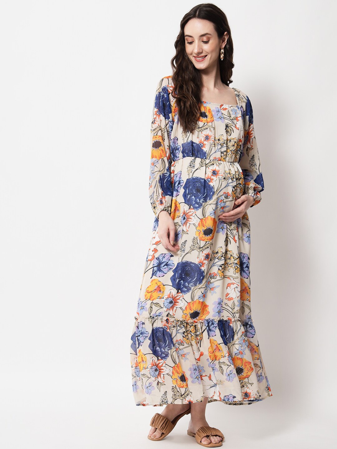 

angloindu Floral Printed Puff Sleeve Gathered Tiered Maternity Maxi Dress, Beige