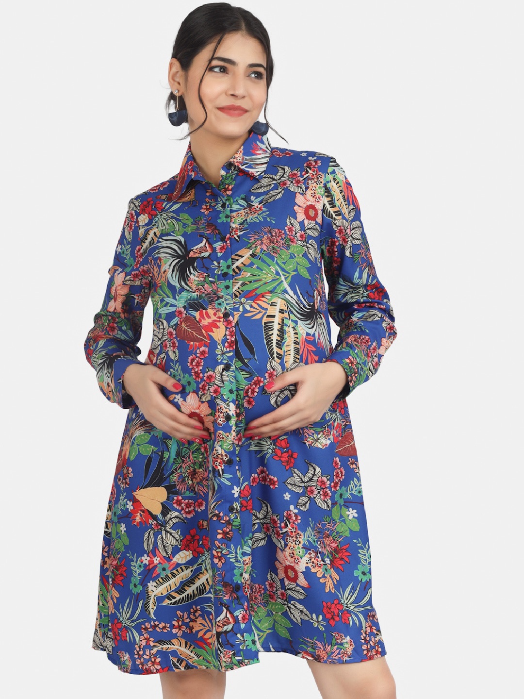

angloindu Floral Printed Shirt Collar Maternity Shirt Dress, Blue