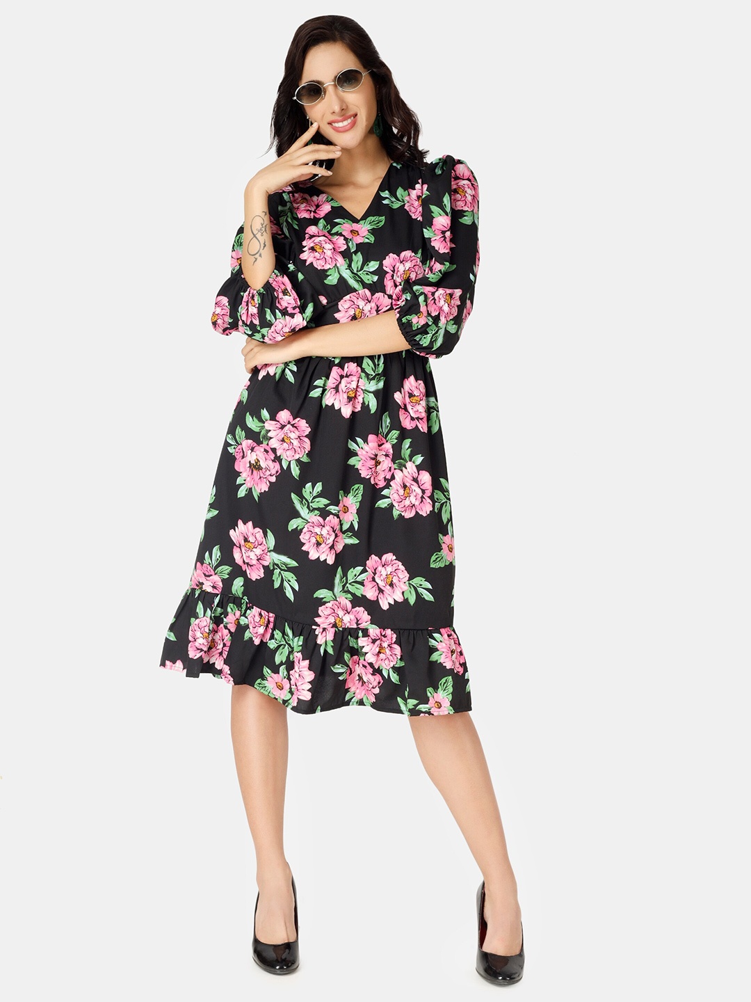 

angloindu Floral Printed Puff Sleeve Gathered Tiered Fit & Flare Dress, Black