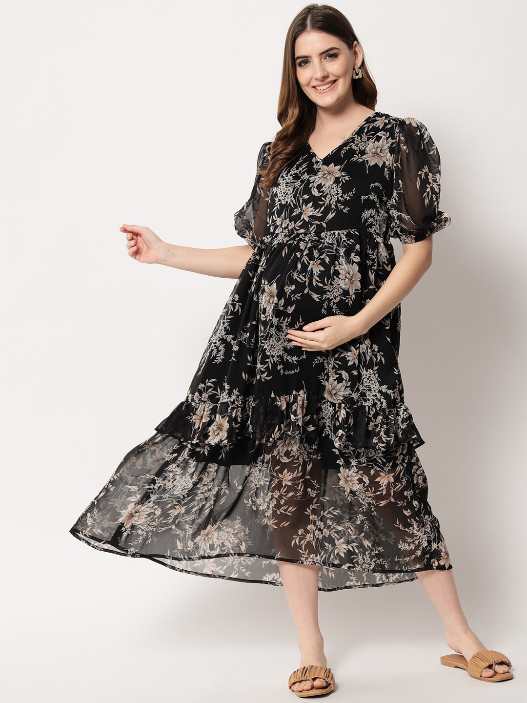 

angloindu Floral Printed Puff Sleeve Layered Maternity Fit & Flare Midi Dress, Black