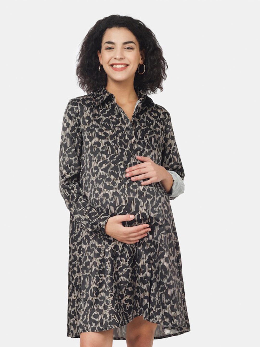 

angloindu Abstract Printed Shirt Collar Maternity Shirt Dress, Black