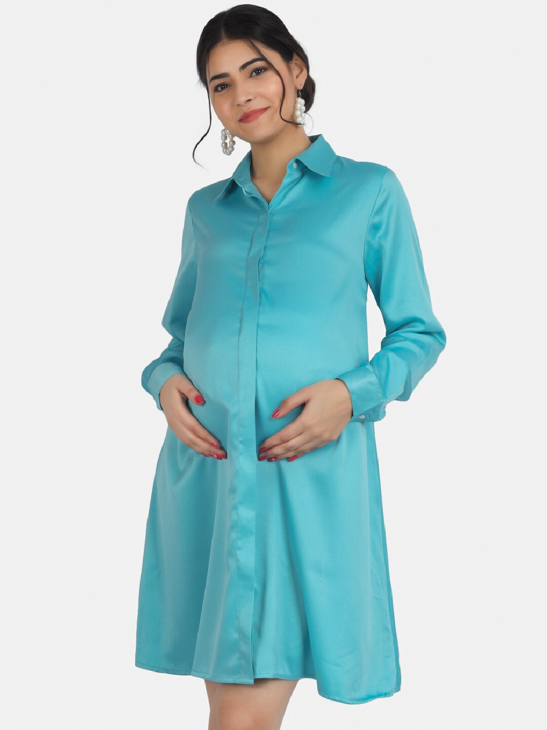 

angloindu Shirt Collar Cuffed Sleeve Maternity Shirt Dress, Blue