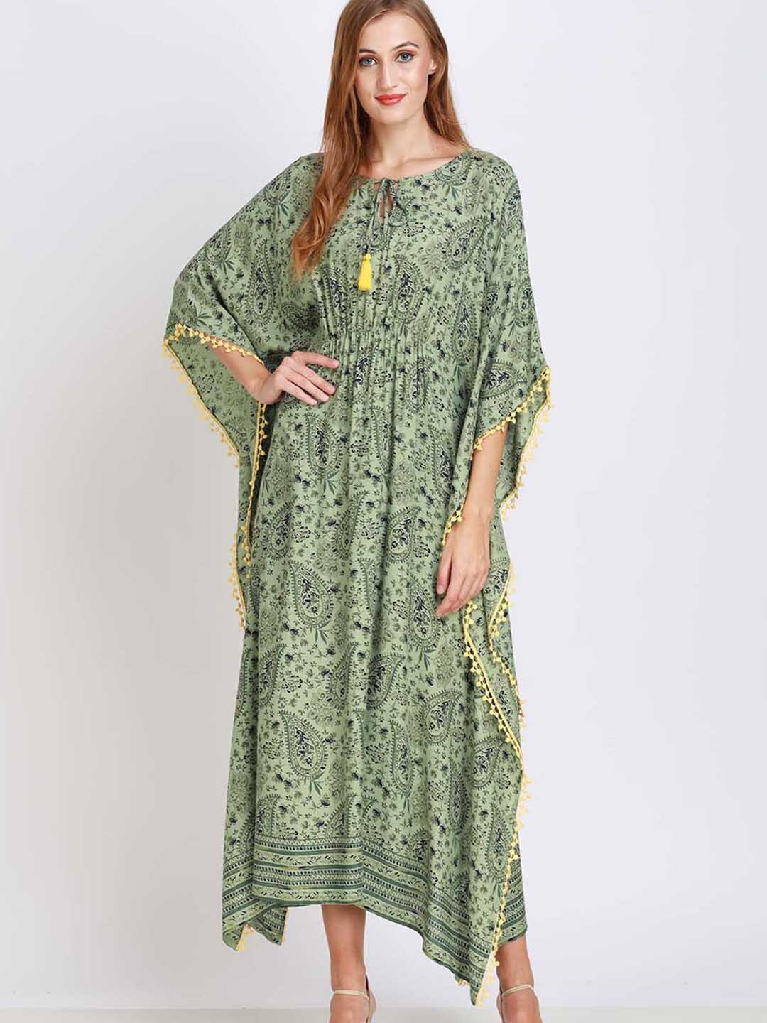 

angloindu Paisley Printed Flared Sleeve Gathered Kaftan Midi Dress, Navy blue