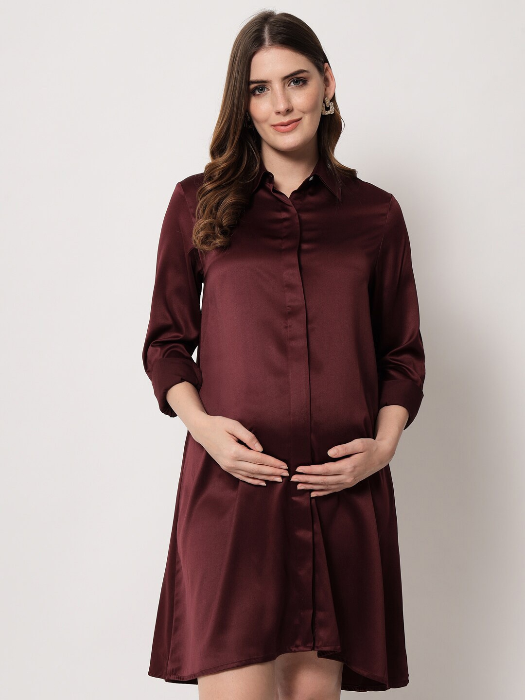 

angloindu Shirt Collar Cuffed Sleeve Maternity Shirt Dress, Burgundy