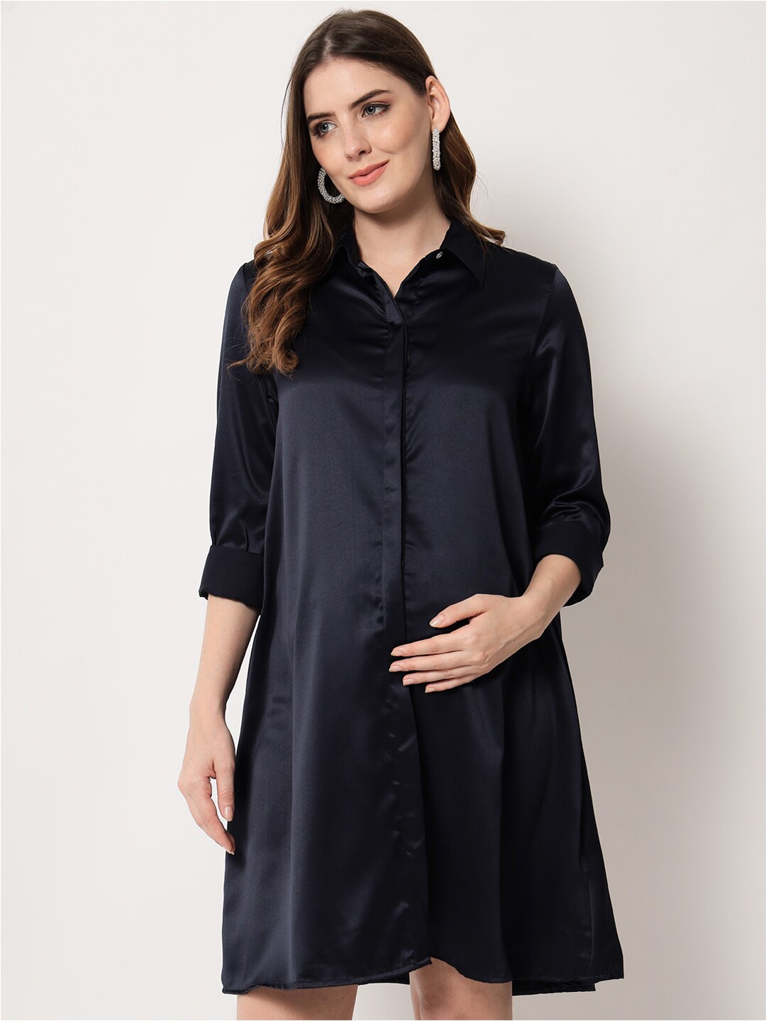 

angloindu Shirt Collar Cuffed Sleeve Maternity Shirt Dress, Navy blue